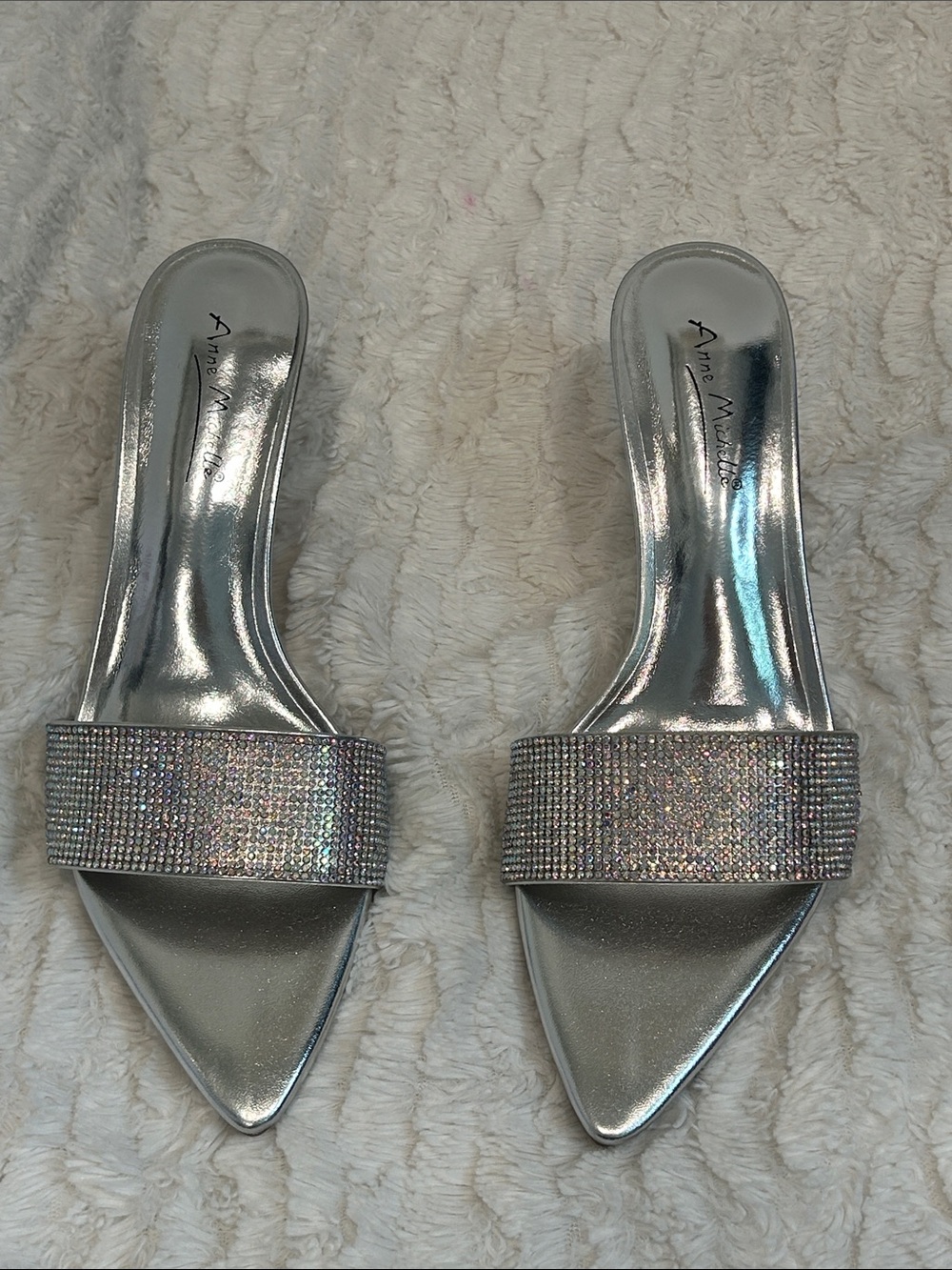 Anne Michelle Silver Rhinestone Slide Sandals